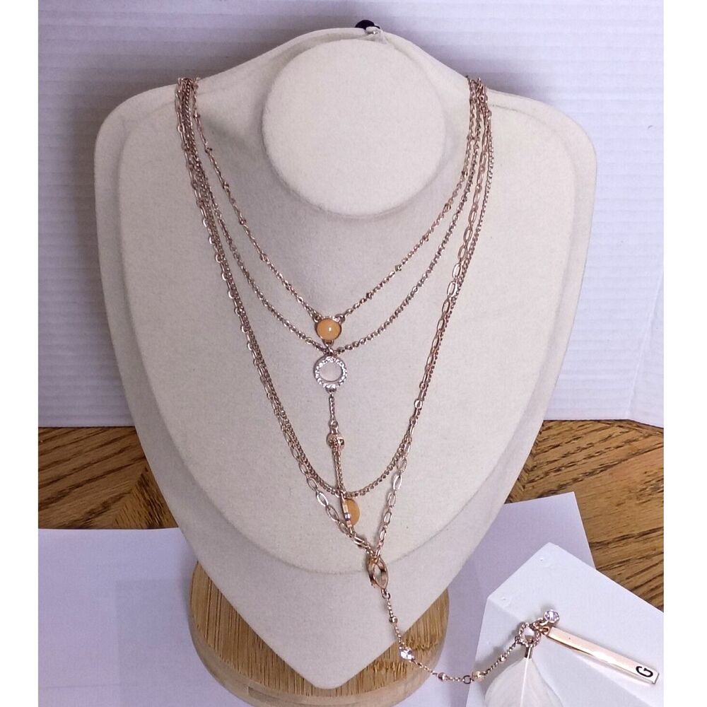 Vintage Signed Guess Gold Tone Necklace with Crystal Rhinestone and Long Pendant